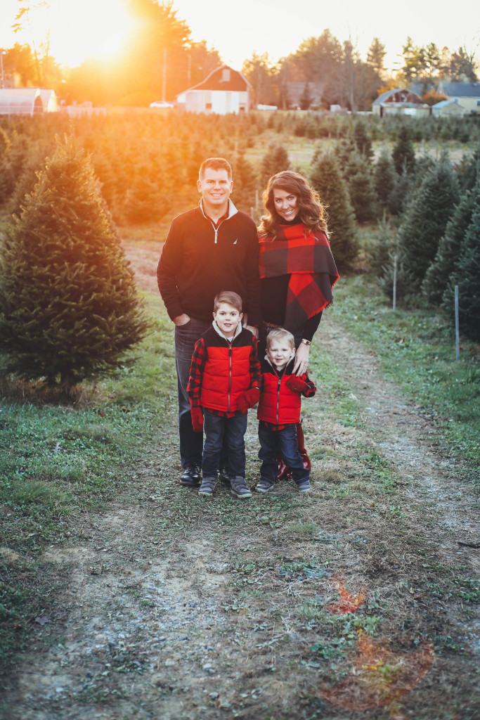 Merry Christmas family pictures 2017 - From the Family With Love - buffalo check family outfits, red Hunter boots, mistletoe, red mittens, tree farm, red vests, buffalo plaid scarf