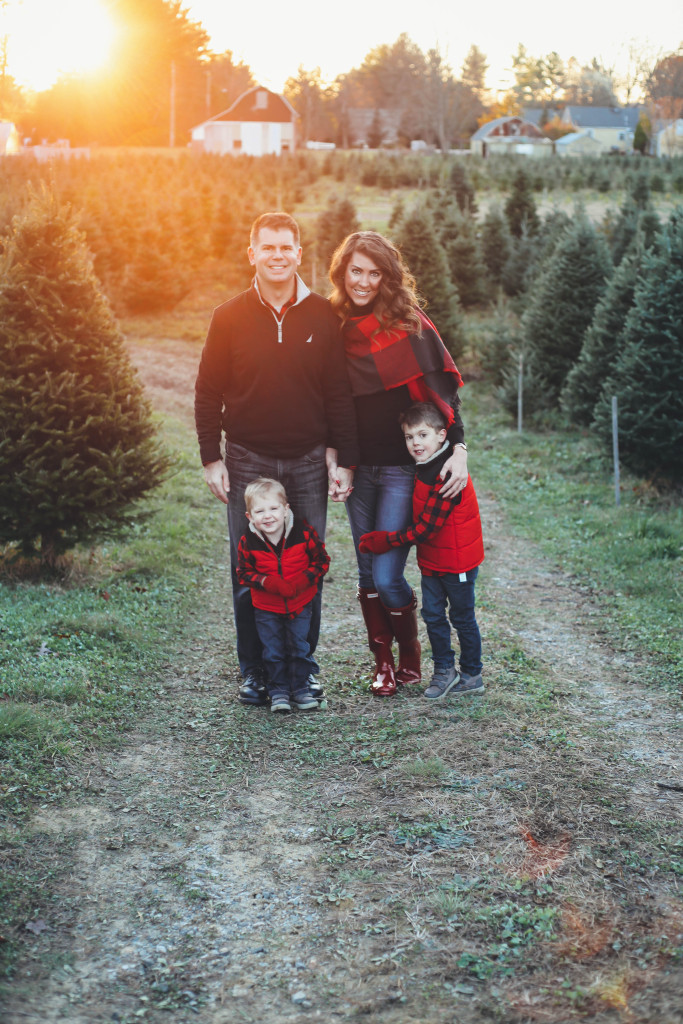 Merry Christmas family pictures 2017 - From the Family With Love - buffalo check family outfits, red Hunter boots, mistletoe, red mittens, tree farm, red vests, buffalo plaid scarf