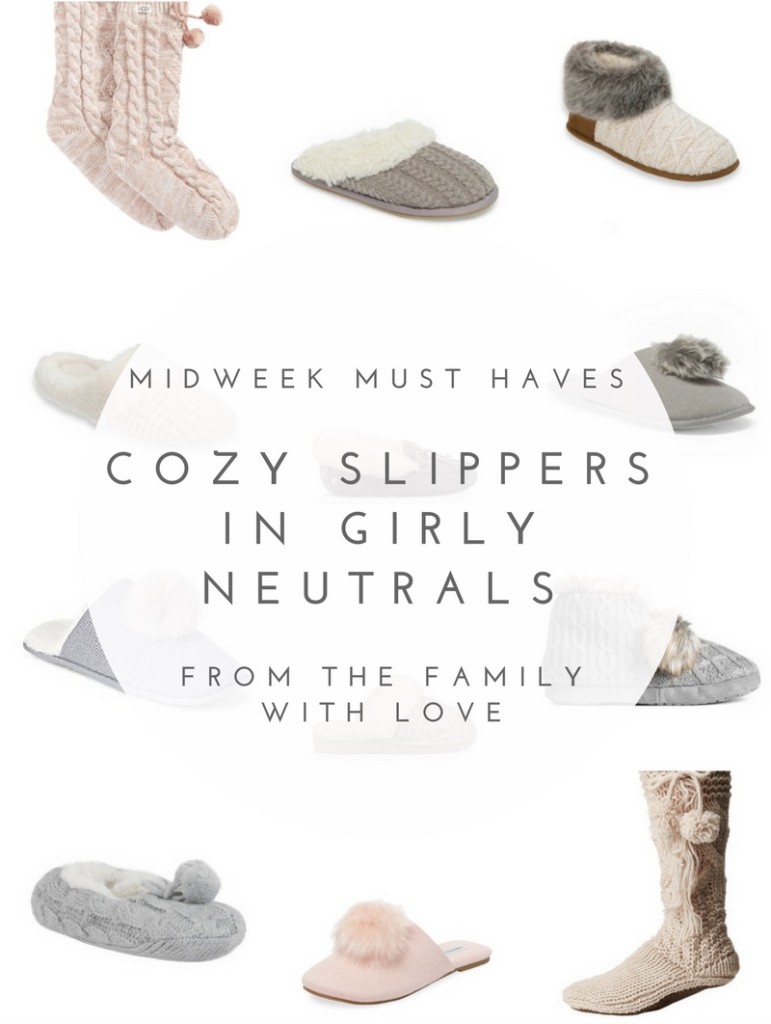 Cozy Slippers in girly neutrals - gift guide - fur, pom poms, ivory, grey, blush - From the Family With Love