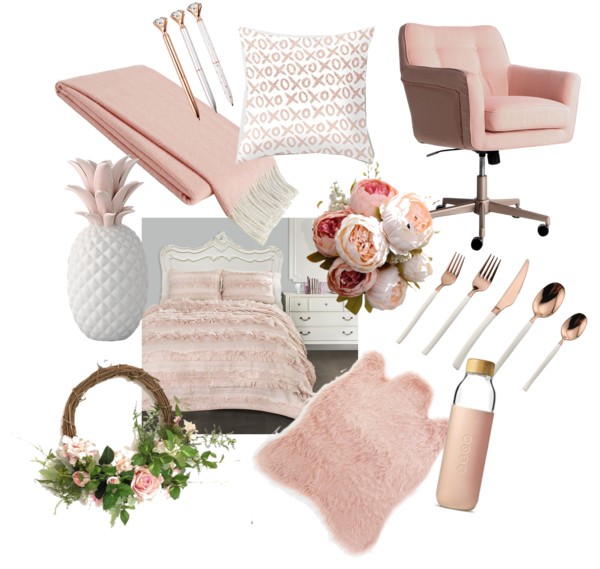 current obsession of blush and rose gold for the home, office, bedroom, kitchen - blush floral wreath, blush throw, blush pineapple, blush bedding, blush sheepskin, rose gold flatware, blush office chair, blush rose gold water bottle, rose gold pens, rose gold pillow - From the Family with Love