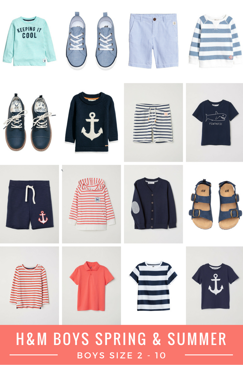 H&M boys spring and summer picks for boys ages 18 months through 10 years old. Nautical anchors, navy stripes, sweat shorts, hoodies, sandals