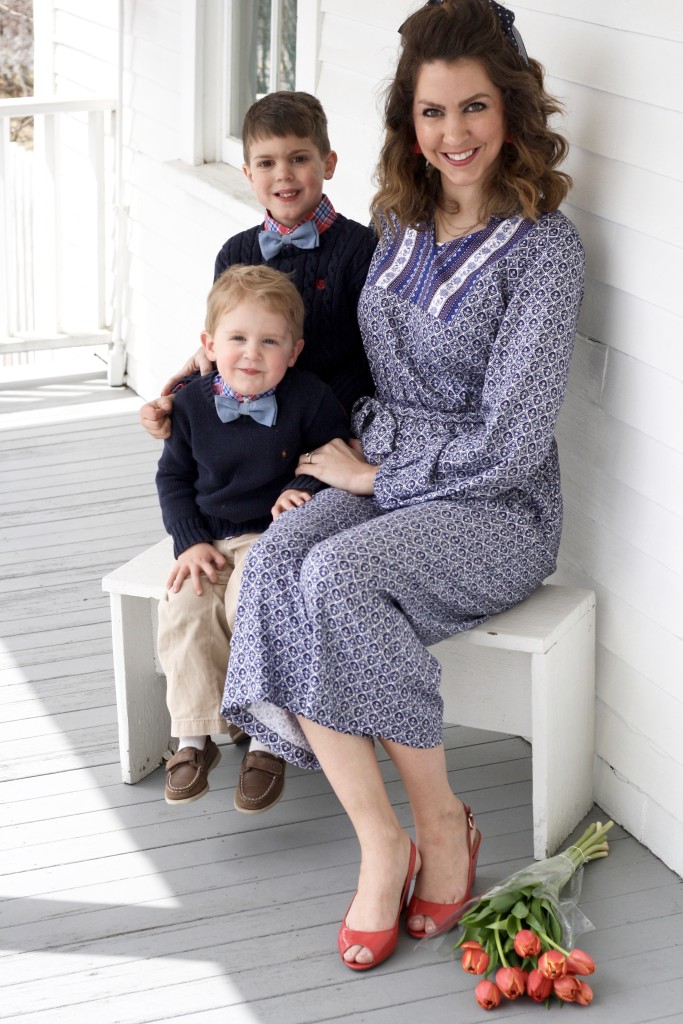 Patterend Jumpsuits for every budget - Old Navy blue patterned jumpsuit with coral peep toe shoes, boys toddler Ralph Lauren outfit - From the Family with Love