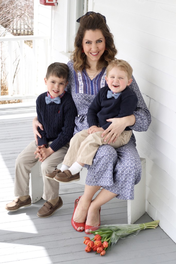 Patterend Jumpsuits for every budget - Old Navy blue patterned jumpsuit with coral peep toe shoes, boys toddler Ralph Lauren outfit - From the Family with Love