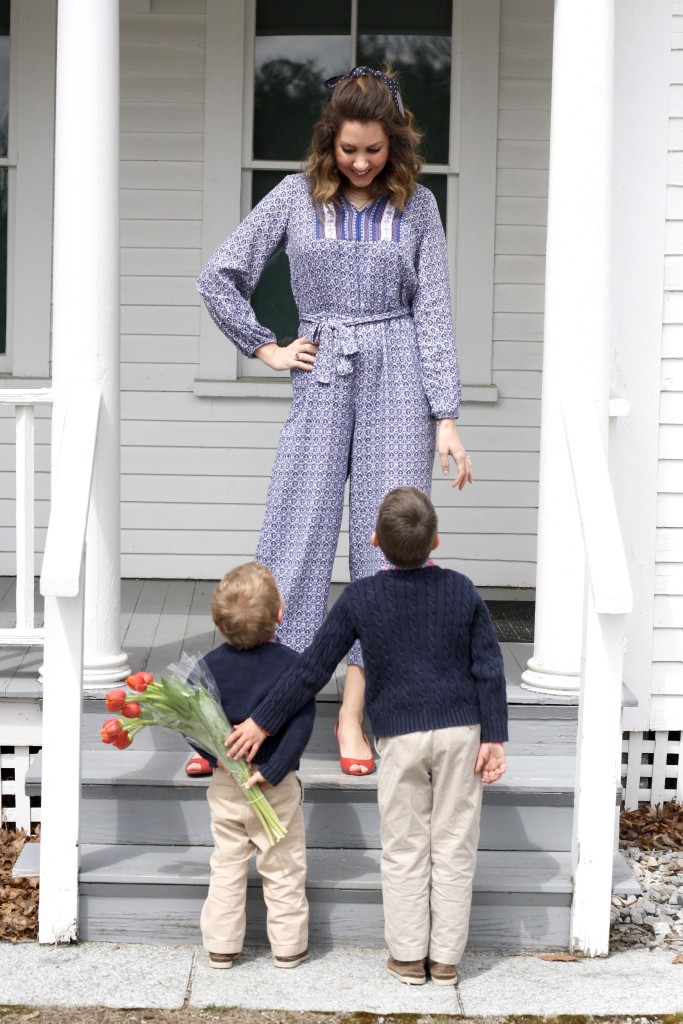 Patterend Jumpsuits for every budget - Old Navy blue patterned jumpsuit with coral peep toe shoes, boys toddler Ralph Lauren outfit - From the Family with Love