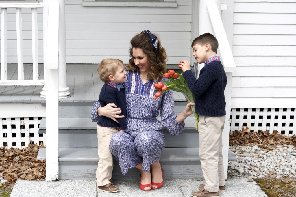 Patterend Jumpsuits for every budget - Old Navy blue patterned jumpsuit with coral peep toe shoes, boys toddler Ralph Lauren outfit - From the Family with Love