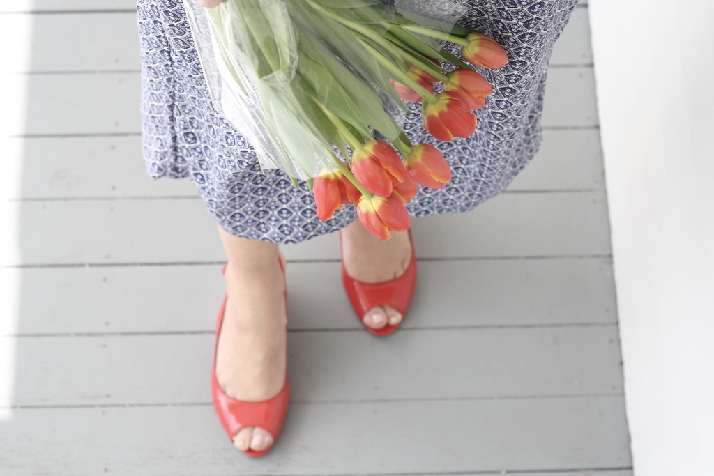 Patterend Jumpsuits for every budget - Old Navy blue patterned jumpsuit with coral peep toe shoes, boys toddler Ralph Lauren outfit - From the Family with Love