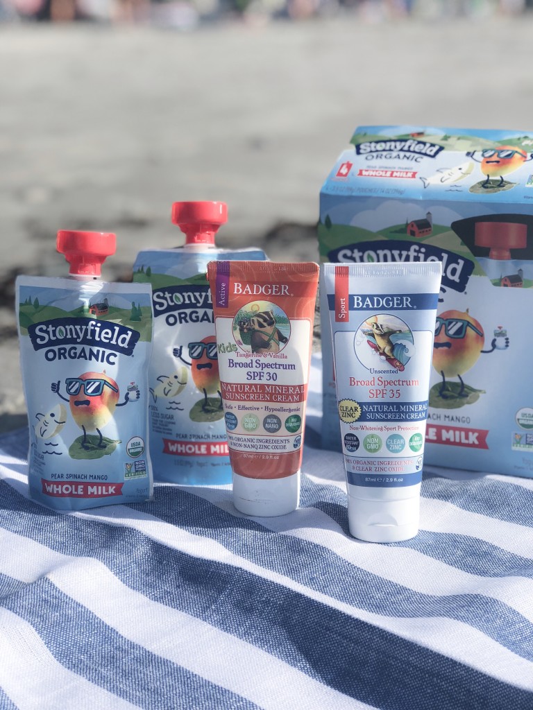 From the Road: NH Jenness State Beach Rye NH - Stonyfield yogurt pouches and Badger Sunscreen