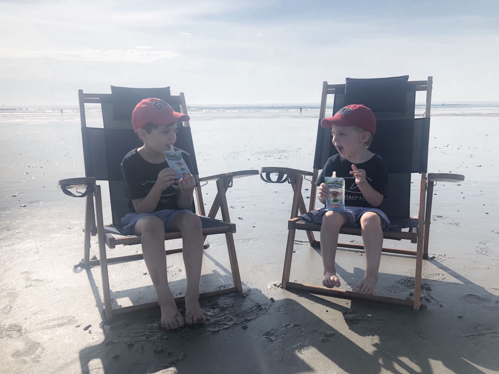 From the Road: NH Jenness State Beach Rye NH - snack time Stonyfield yogurt pouches