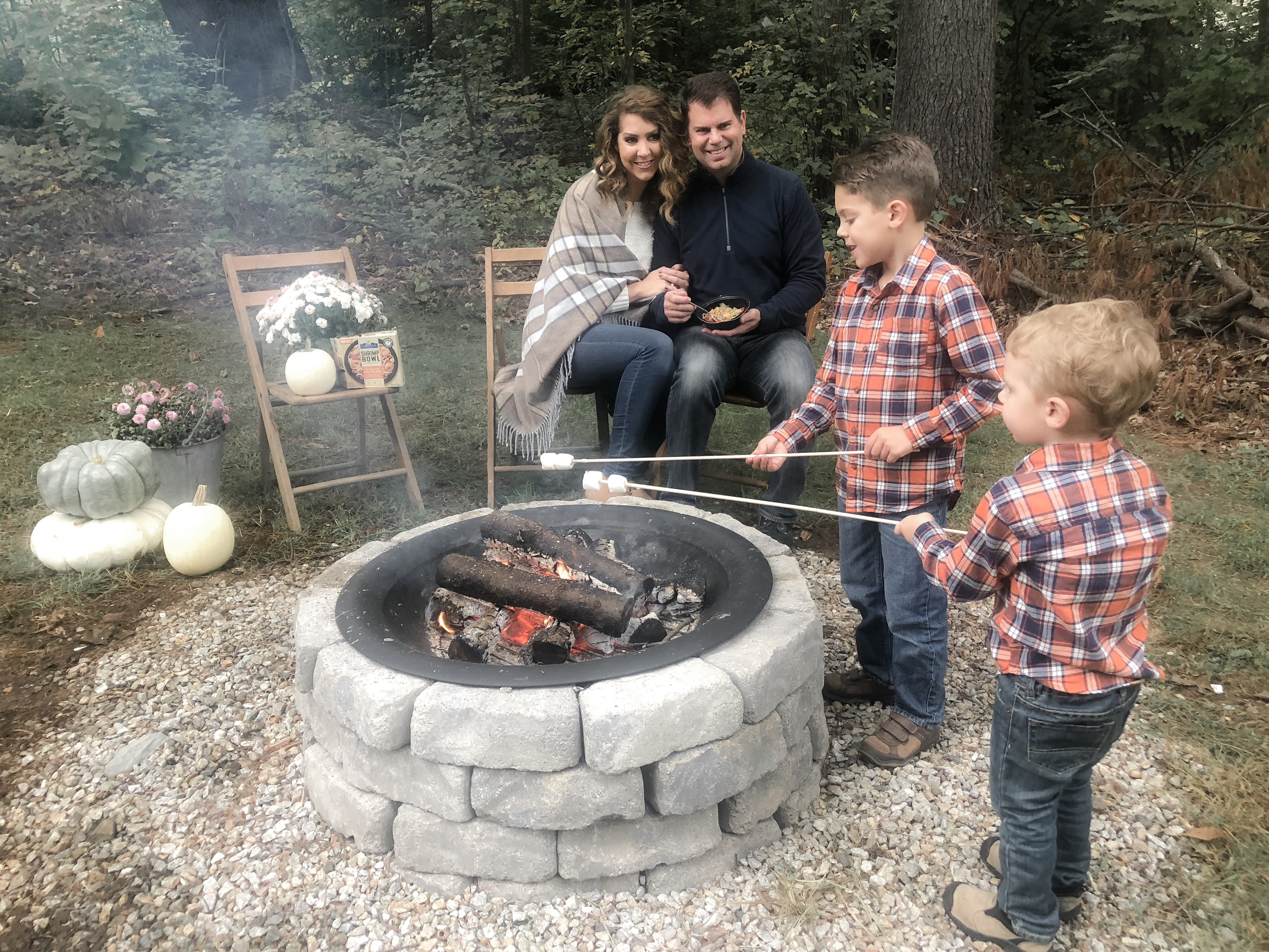 Fall Bucket List with Gorton's Seafood - Shrimp Bowls - S'mores and roasted marshmallows Family around Fire Pit - From the Family