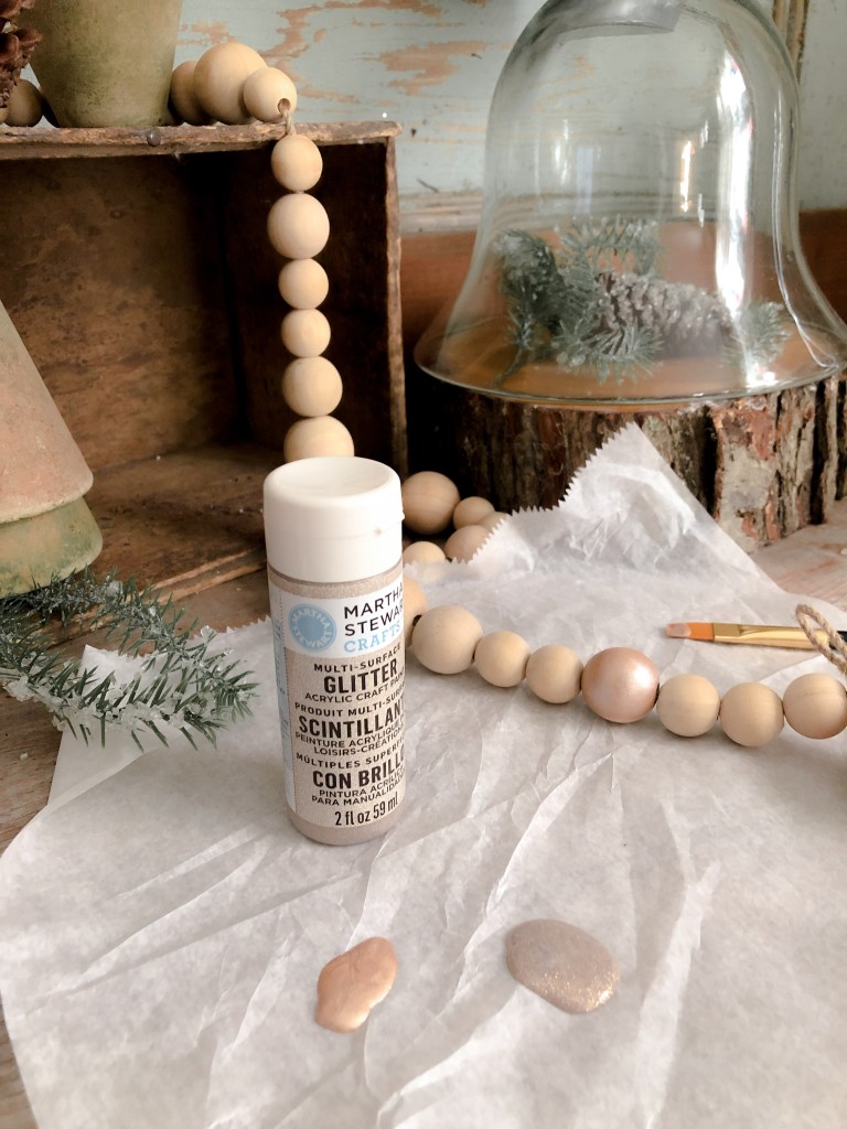 DIY Festive Painted Wood Bead Strand - Potting Table Farmhouse Christmas decor - Christmas Potting Table - Martha Stewart Metallic Rose Gold Paint, Martha Stewart glitter paint, Martha Stewart Gold Paint