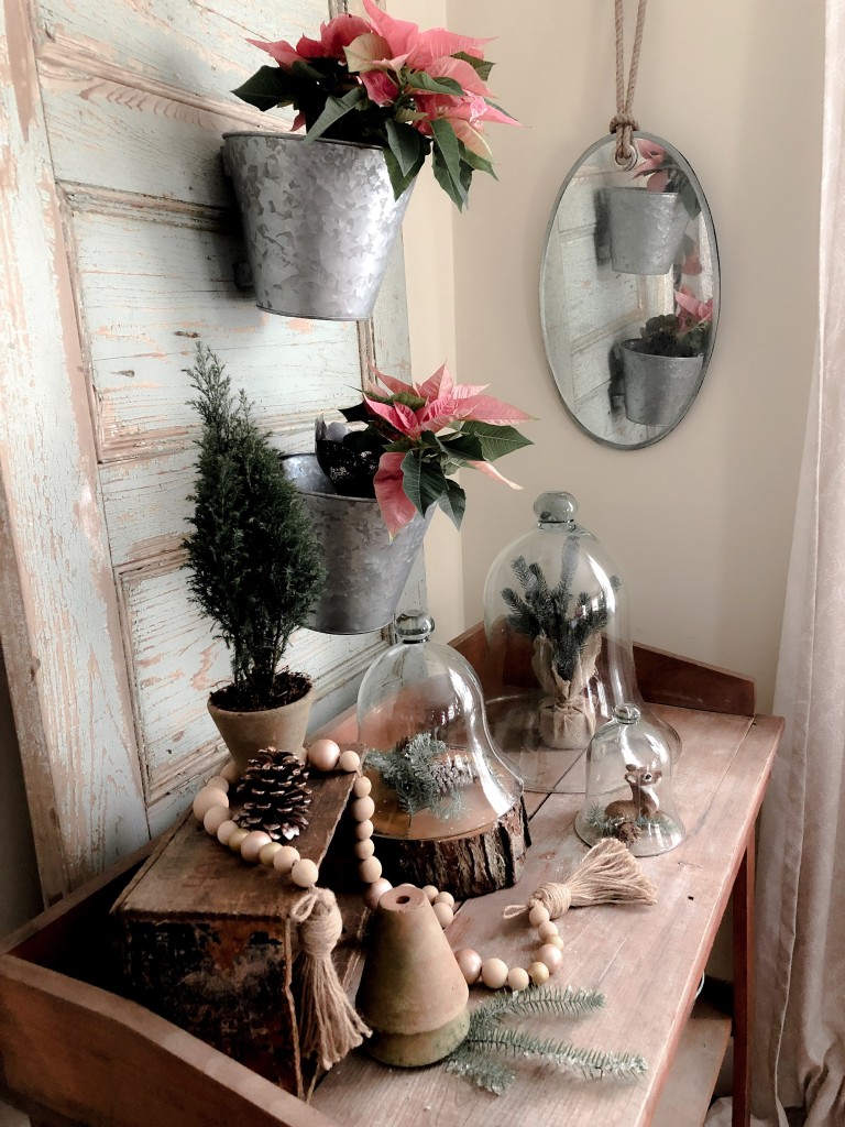 DIY Festive Painted Wood Bead Strand - Potting Table Farmhouse Christmas decor - Christmas Potting Table - Martha Stewart Metallic Rose Gold Paint, Martha Stewart glitter paint, Martha Stewart Gold Paint