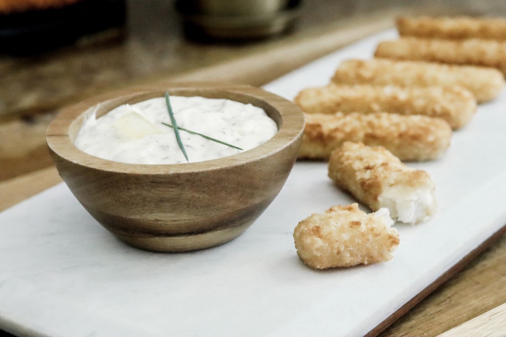 Air fried fish sticks made in the air fryer with homemade herbed tartar sauce with Gorton's Seafood