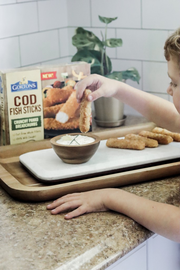 Air fried fish sticks made in the air fryer with homemade herbed tartar sauce with Gorton's Seafood