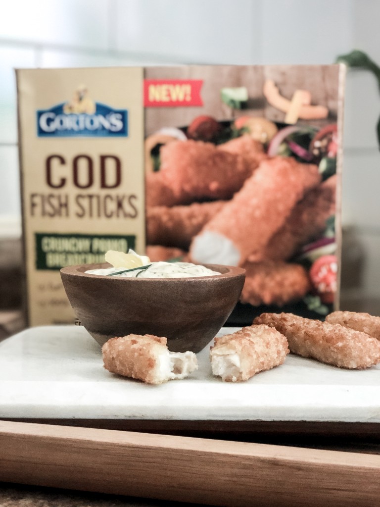 Air fried fish sticks made in the air fryer with homemade herbed tartar sauce with Gorton's Seafood