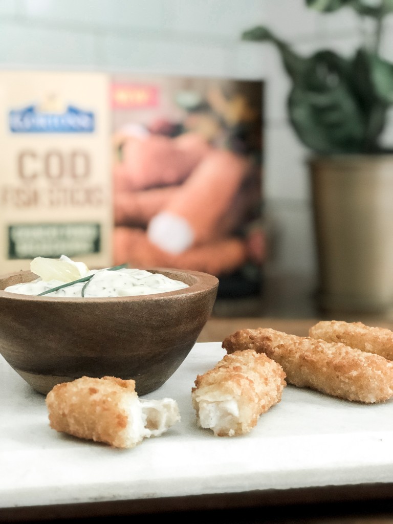 Air fried fish sticks made in the air fryer with homemade herbed tartar sauce with Gorton's Seafood