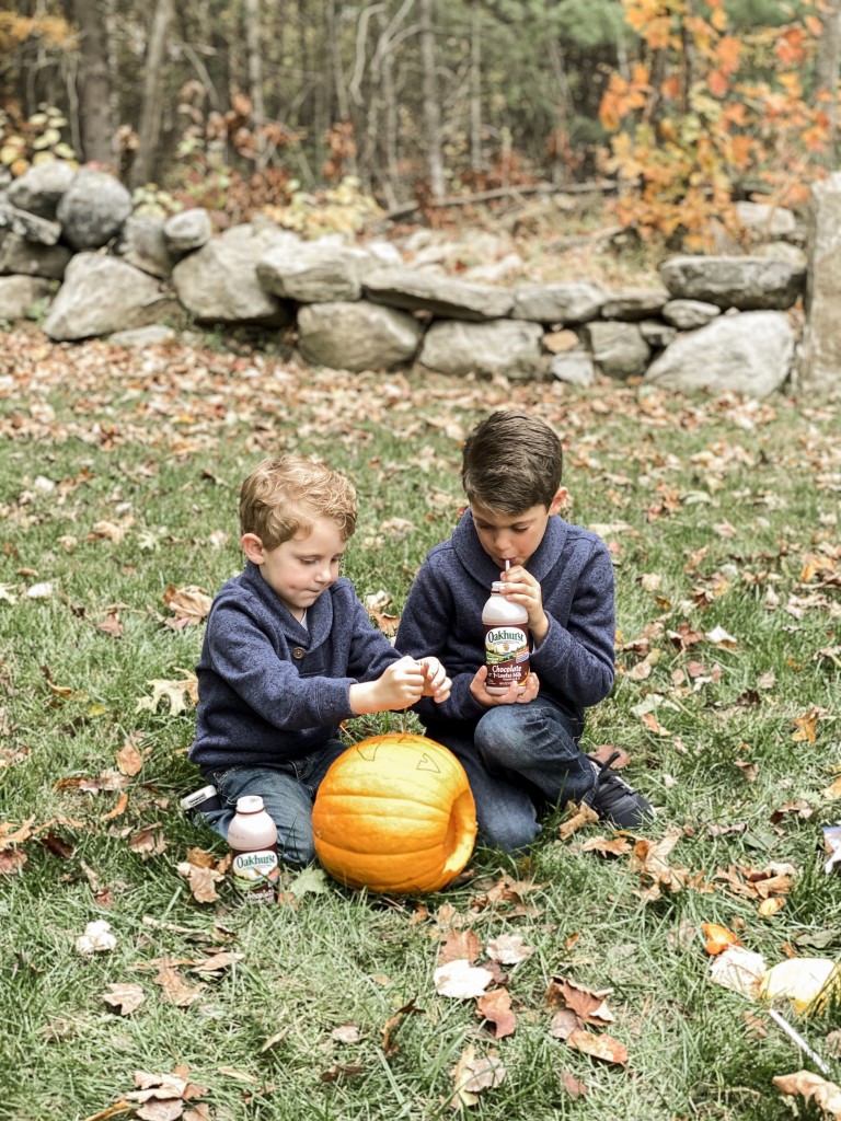 Children in matching fall outfits carving pumpkins Mini Vanilla Spider Web Cupcakes with Oakhurst Dairy Chocolate Milk Halloween Party Recipe