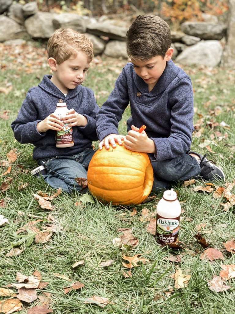 Children in matching fall outfits carving pumpkins Mini Vanilla Spider Web Cupcakes with Oakhurst Dairy Chocolate Milk Halloween Party Recipe