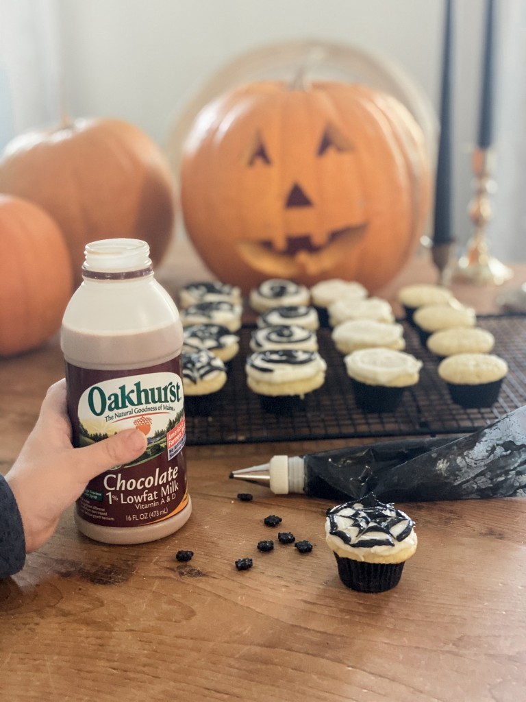 Mini Vanilla Spider Web Cupcakes with Oakhurst Dairy Chocolate Milk Halloween Party Recipe