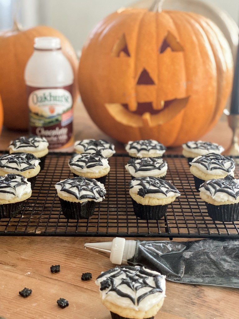 Mini Vanilla Spider Web Cupcakes with Oakhurst Dairy Chocolate Milk Halloween Party Recipe