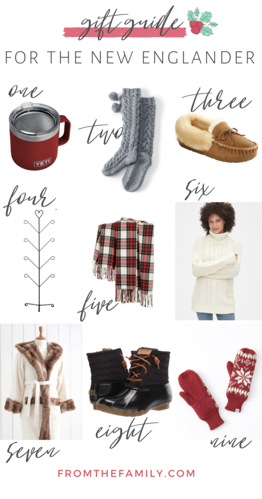 Gift Guide for the New Englander - From the Family - cozy ivory knit sweater, wicked good slippers, yeti mug, unique New England gifts holiday shopping guide