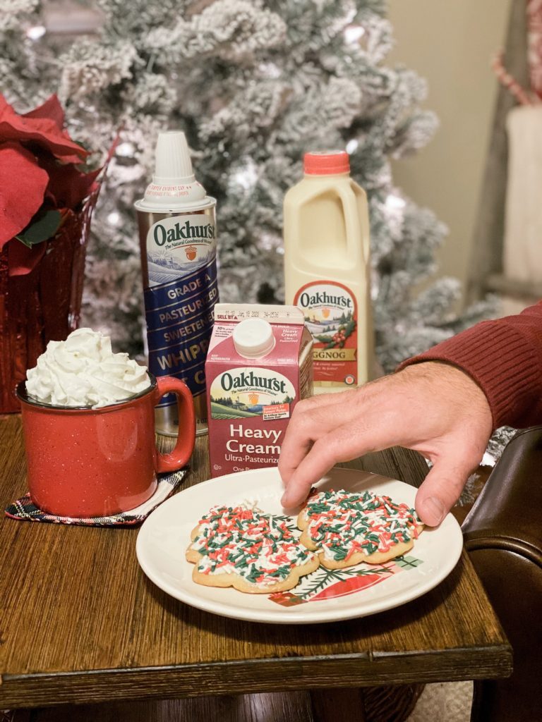 Cookies for the family with Oakhurst Chocolate Crinkles, Pecan Tassie Thumbprints, Frosted Sugar Cookies served with Eggnog and hot cocoa