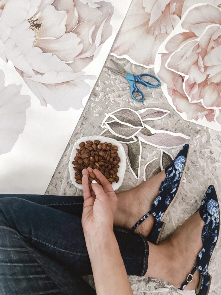 Pink Peony Mural on office wall, girly office, home office decor, blogger office, The Original Huy Fong Foods Sriracha Almonds: