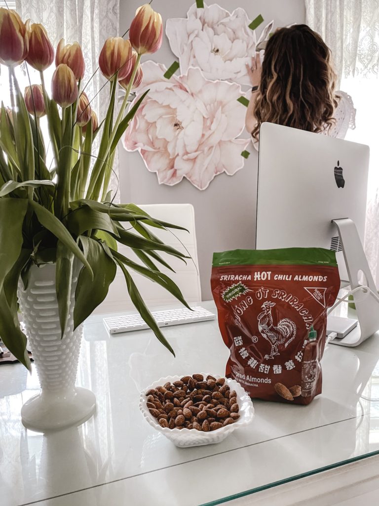 Pink Peony Mural on office wall, girly office, home office decor, blogger office, The Original Huy Fong Foods Sriracha Almonds: