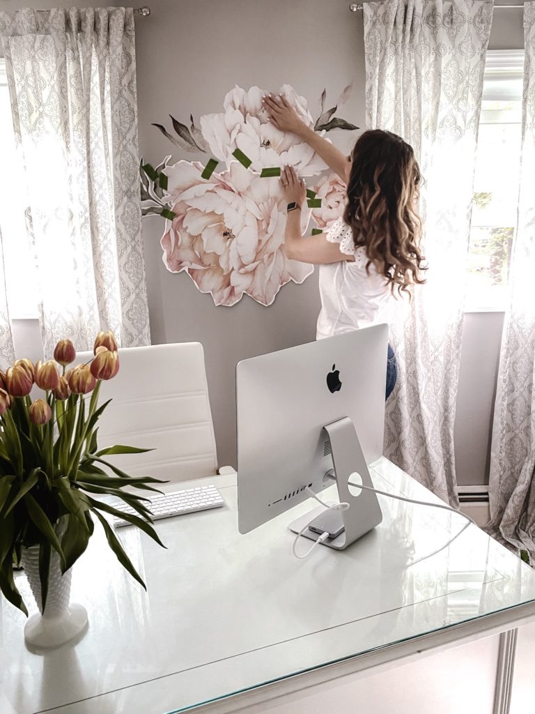 Pink Peony Mural on office wall, girly office, home office decor, blogger office, The Original Huy Fong Foods Sriracha Almonds: