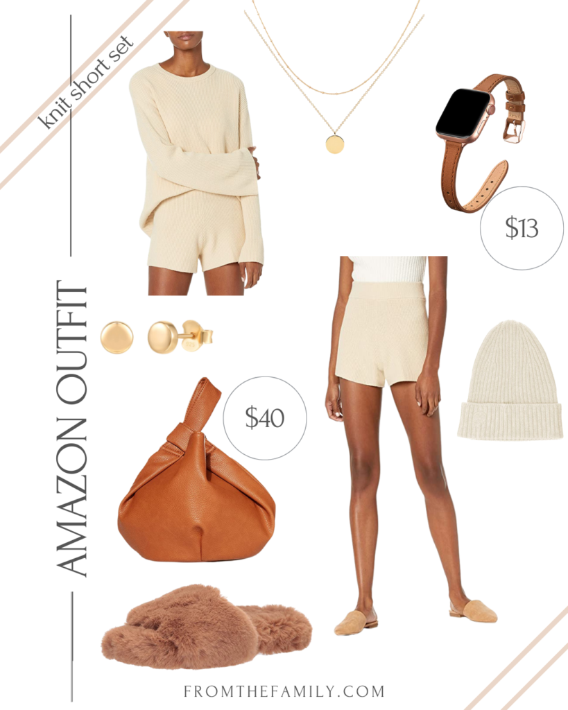Amazon Outfit 6 knit short and sweater set loungewear set with brown and ivory accessories Amazon fashion 