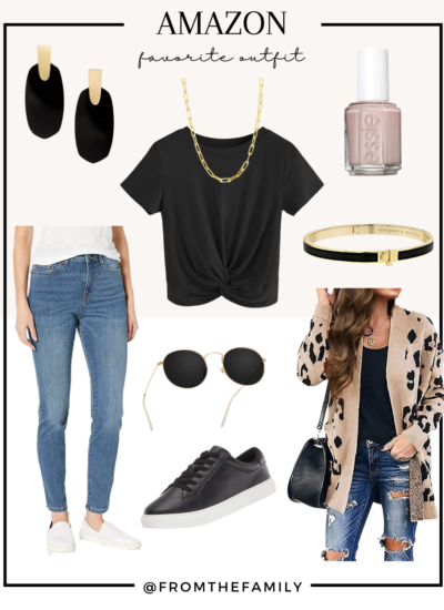 Amazon Outfit 3 leopard cardigan with jeans and black tee and black and gold accessories