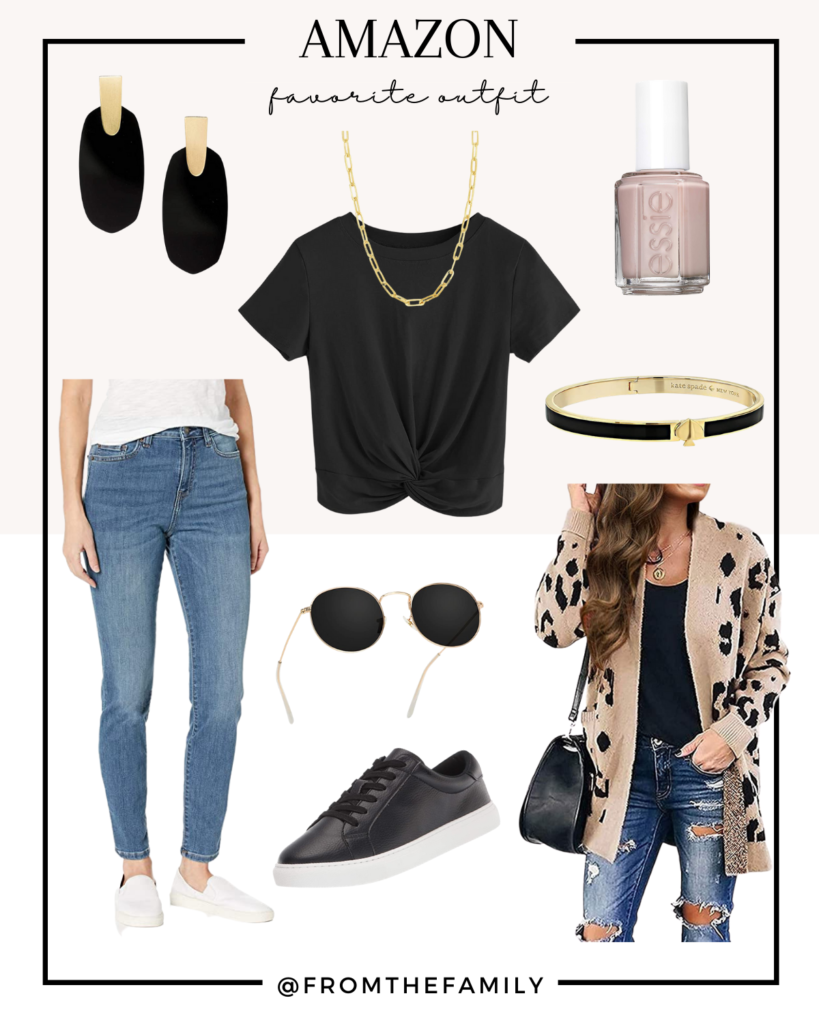 Amazon Outfit 3 leopard cardigan with jeans and black tee and black and gold accessories 