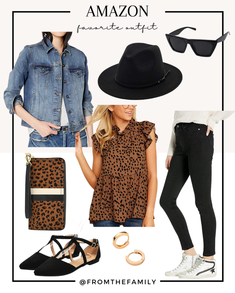 Amazon Outfit 4 animal print leopard shirt with faux leather leggings and denim jacket