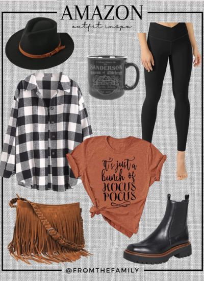 Amazon Shackets black and white plaid shacket with hocus focus tee shirt and black and brown accessories
