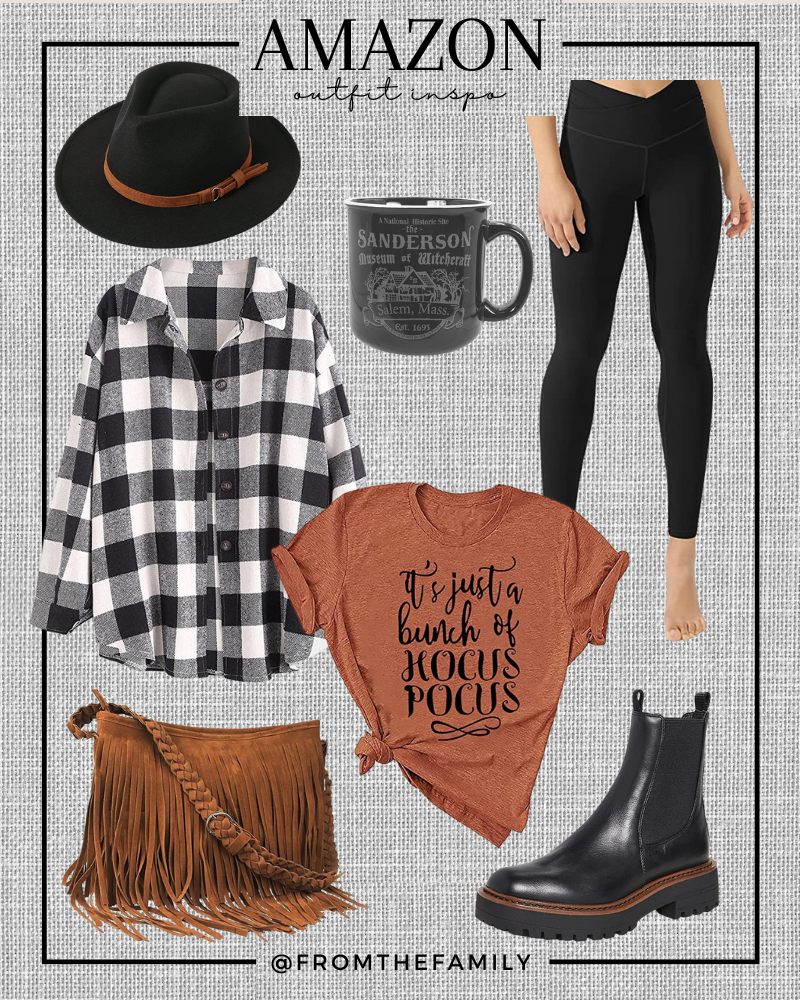 Amazon Shackets black and white plaid shacket with hocus focus tee shirt and black and brown accessories 
