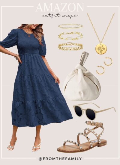 Amazon Outfit blue floral dress with neutral accessories