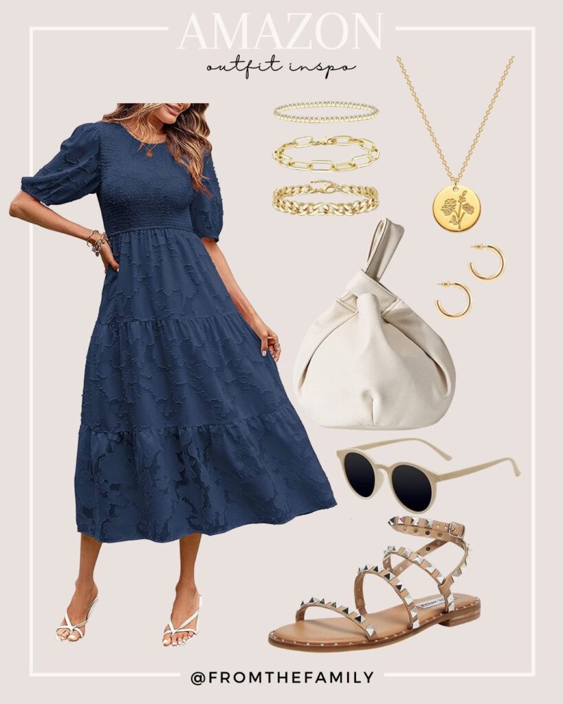 Amazon Outfit blue floral dress with neutral accessories