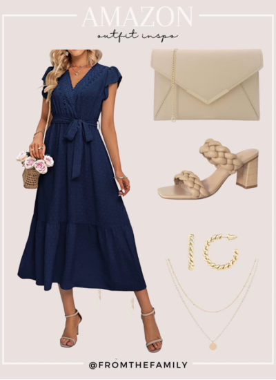 Amazon Outfit navy Swiss dot dress with neutral accessories