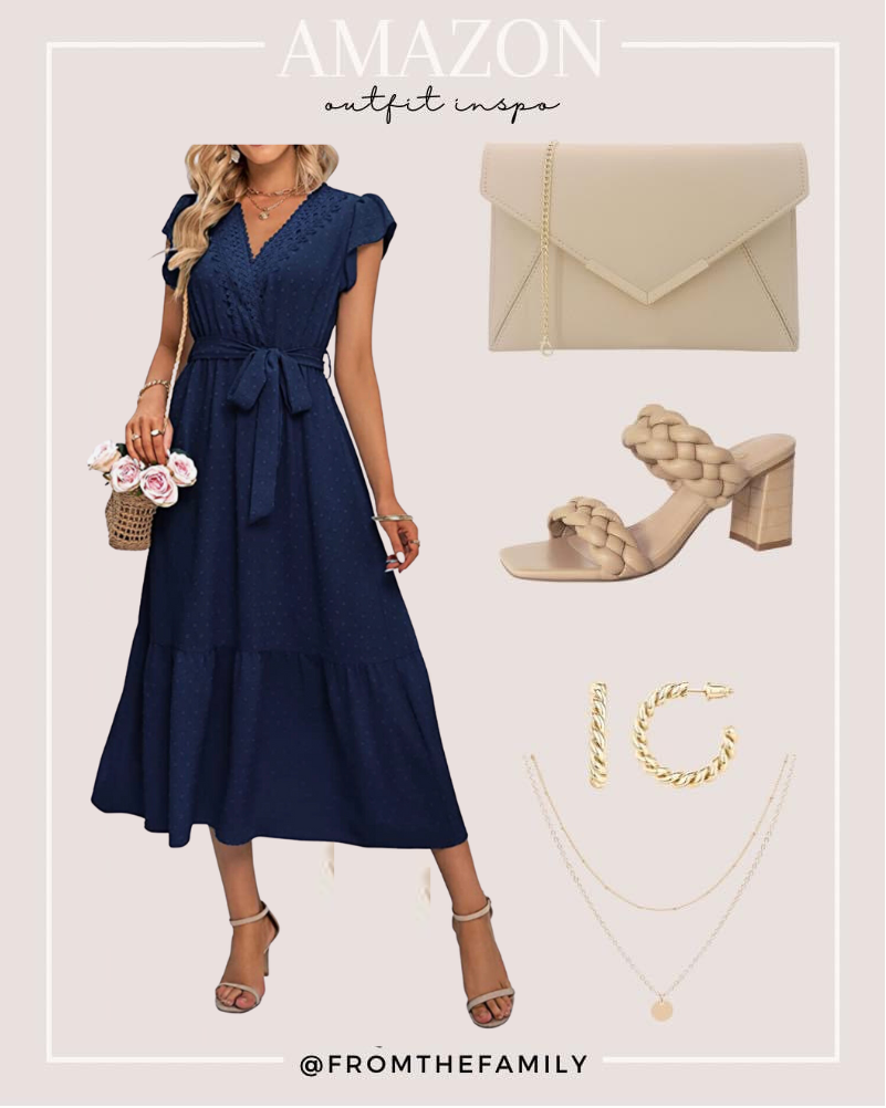 Amazon Outfit navy Swiss dot dress with neutral accessories