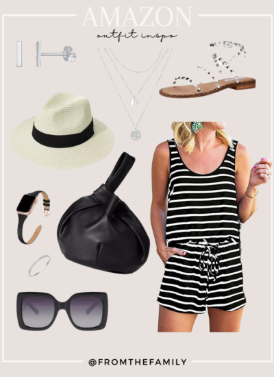 Amazon Outfit Black and White Striped romper with silver jewelry and black accessories