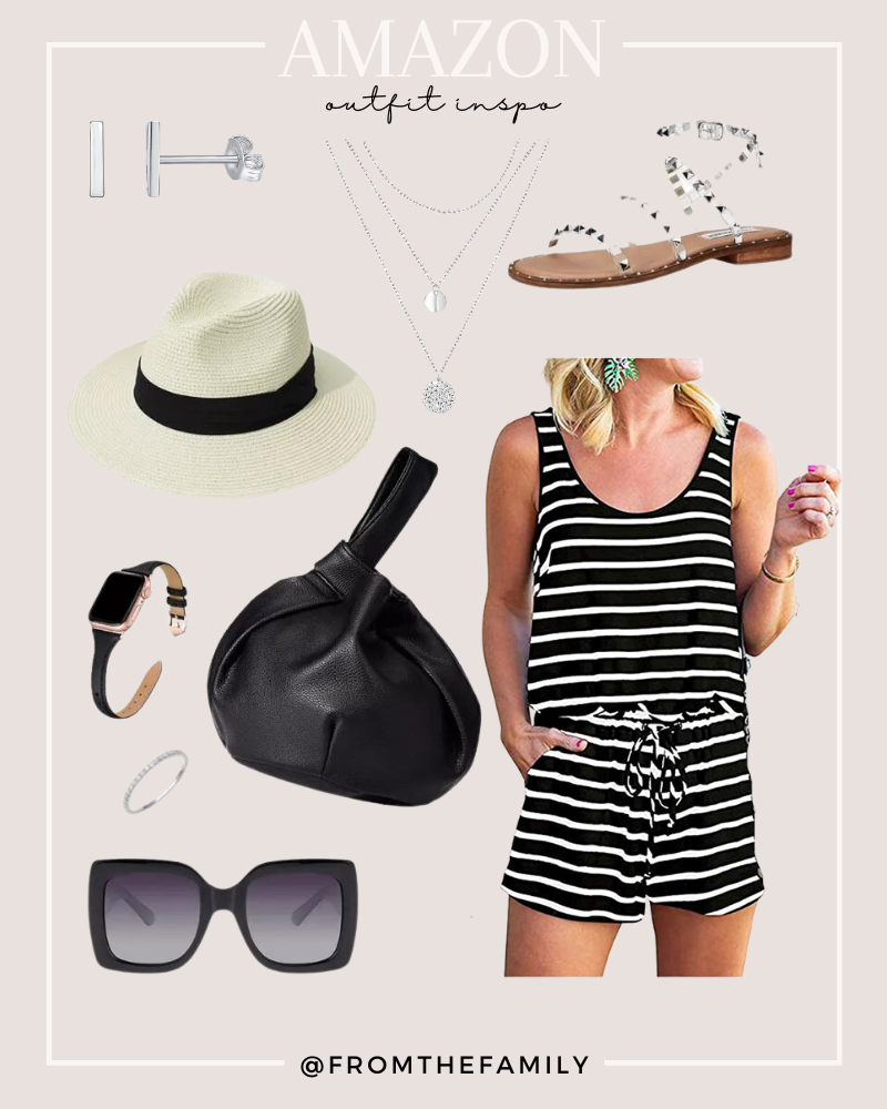Amazon Outfit Black and White Striped romper with silver jewelry and black accessories 