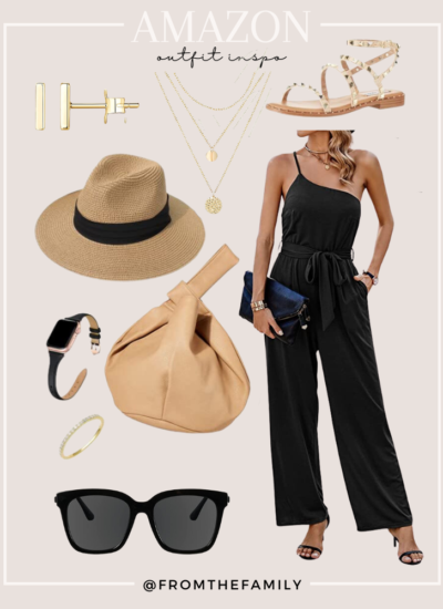 Amazon Outfit Black wide leg jumpsuit with Amazon gold jewelry and tan accessories