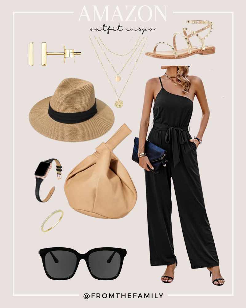 Amazon Outfit Black wide leg jumpsuit with Amazon gold jewelry and tan accessories 