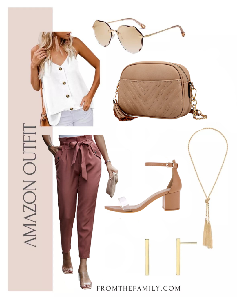 Amazon Outfit High Waisted Paper Bag Pants Outfit with neutral accessories