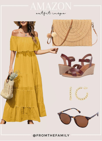 Amazon Outfit mustard yellow ruffle maxi dress with Amazon gold jewelry and brown accessories