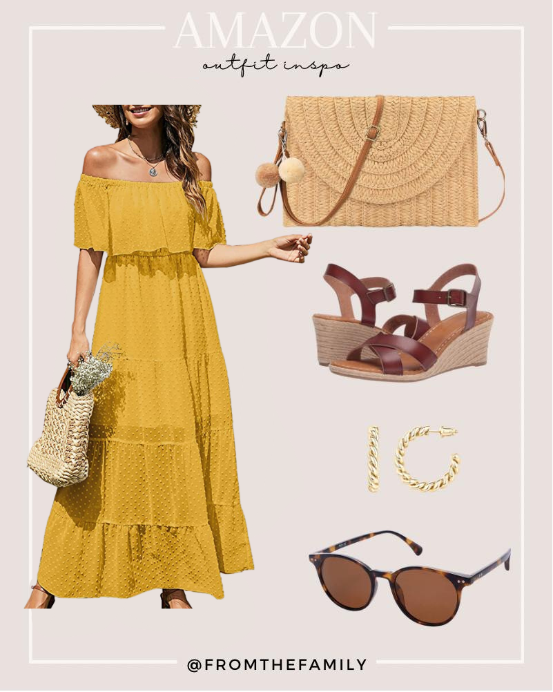 Amazon Outfit mustard yellow ruffle maxi dress with Amazon gold jewelry and brown accessories