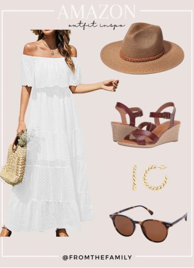 Amazon Outfit white ruffle maxi dress with Amazon gold jewelry and brown accessories