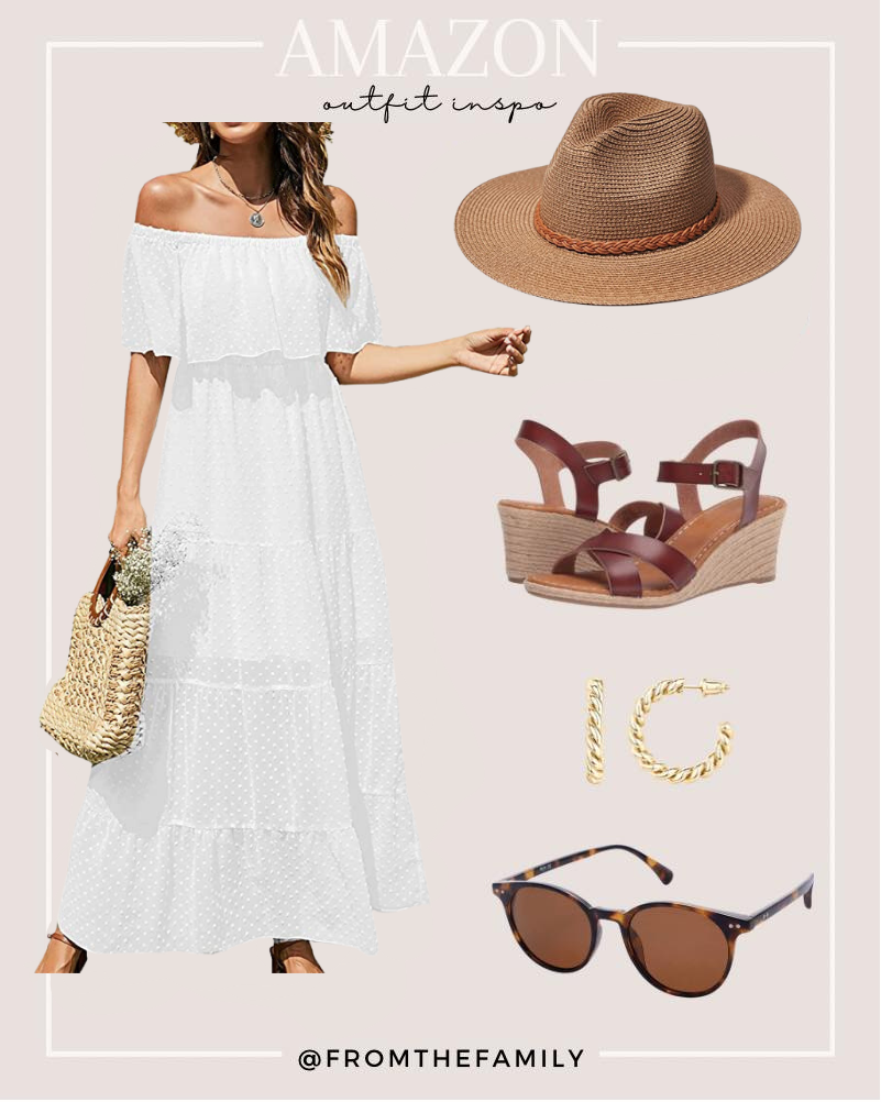 Amazon Outfit white ruffle maxi dress with Amazon gold jewelry and brown accessories