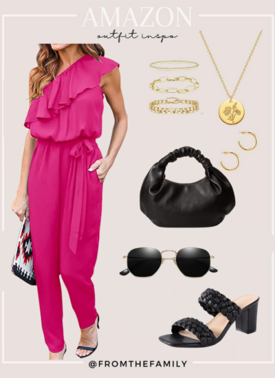 Amazon Outfit hot pink ruffle jumpsuit with Amazon gold jewelry and black accessories