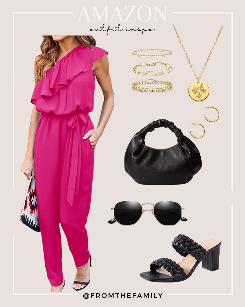 Amazon Outfit hot pink ruffle jumpsuit with Amazon gold jewelry and black accessories