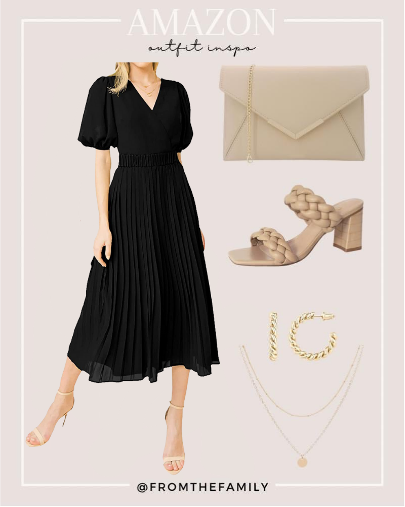 Black pleated summer dress outfit from Amazon with neutral accessories 